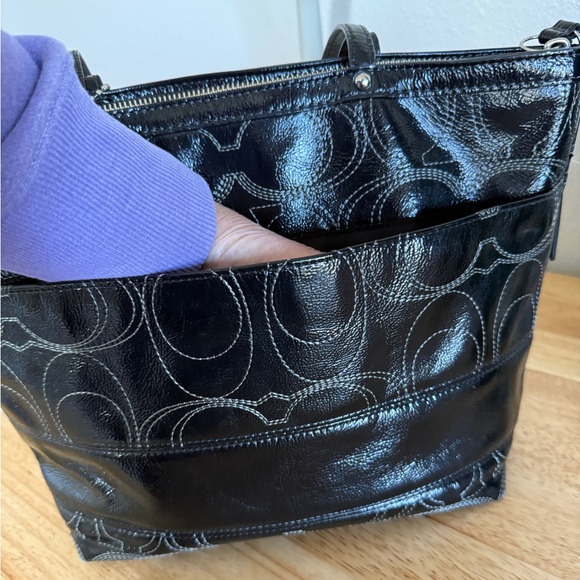 Coach Black Stitched Patent Leather Purse, Double Strap - Picture 8 of 14
